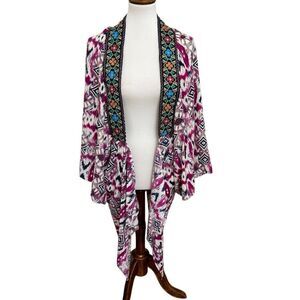 NEW Altar’d State Ikat Floral Embroidered Kimono Cardigan Magenta Navy One Size